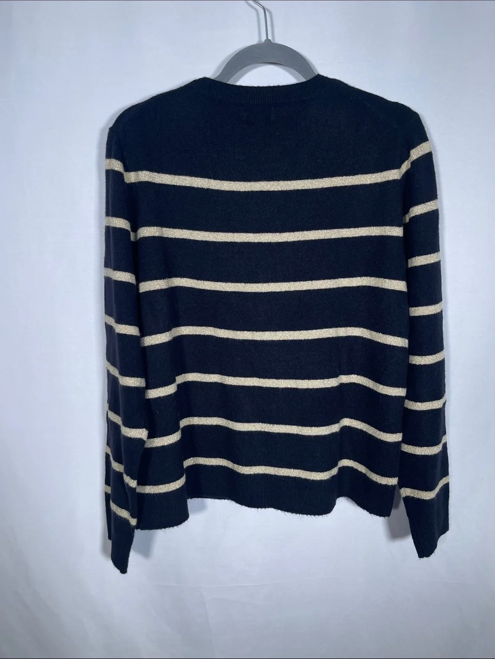 J. CREW WOMENS GOLD SHIMMER STRIPE CREWNECK SWEATER BLACK EXTRA SOFT LARGE NEW